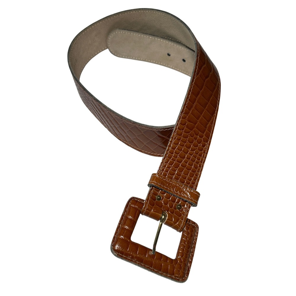VTG Calderon Brown Croc Embossed Leather Belt Square Buckle Made in USA Size M